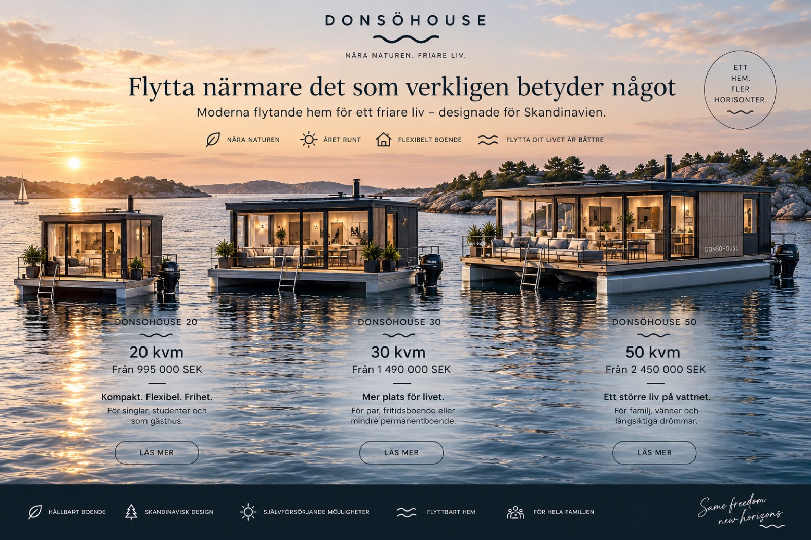 Donsöhouse 20, 30 och 50 — tre flytande hem i den svenska skärgården i solnedgång