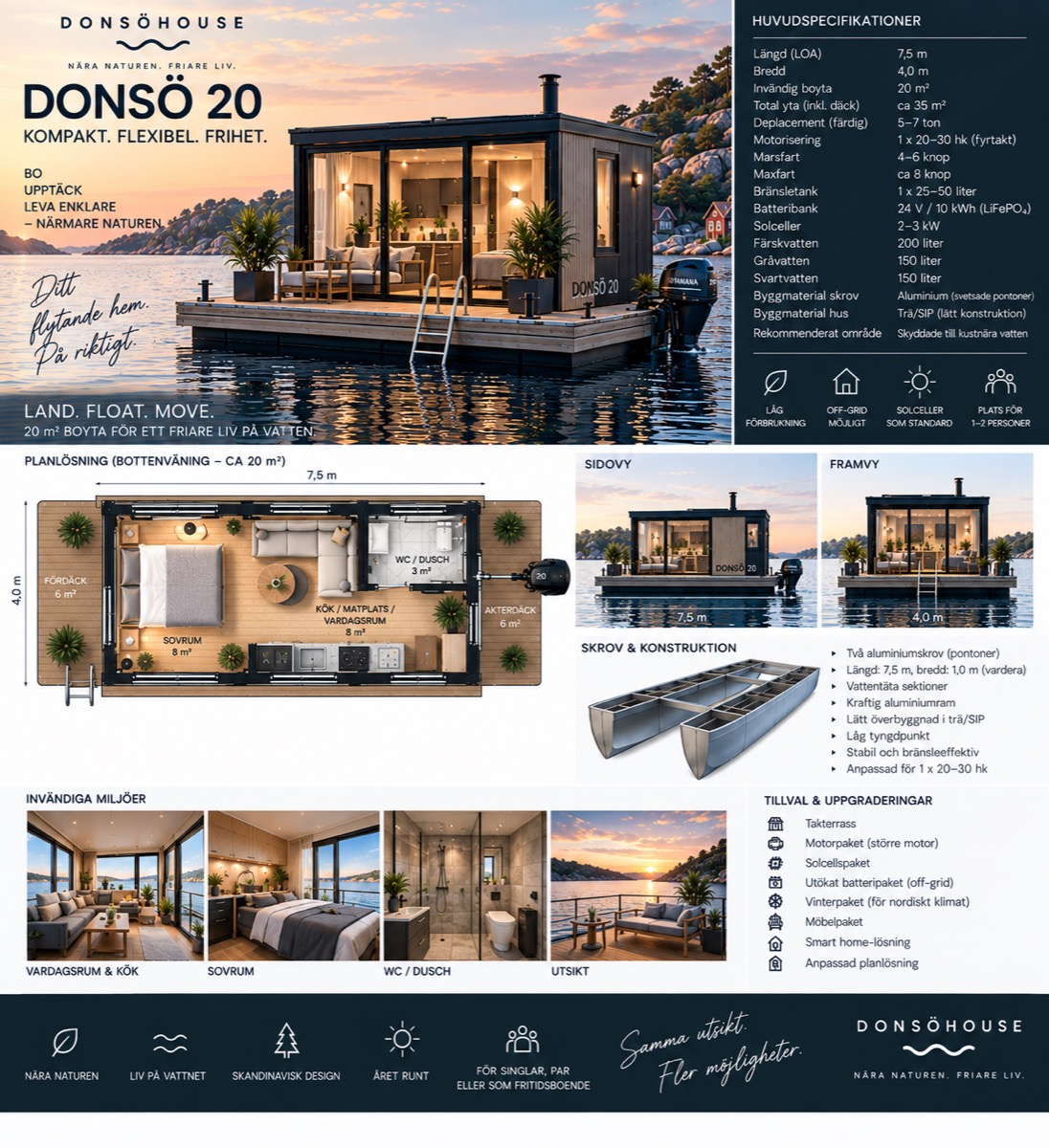 Donsöhouse 20 — kompakt flytande hem med spec, planlösning och interiörer