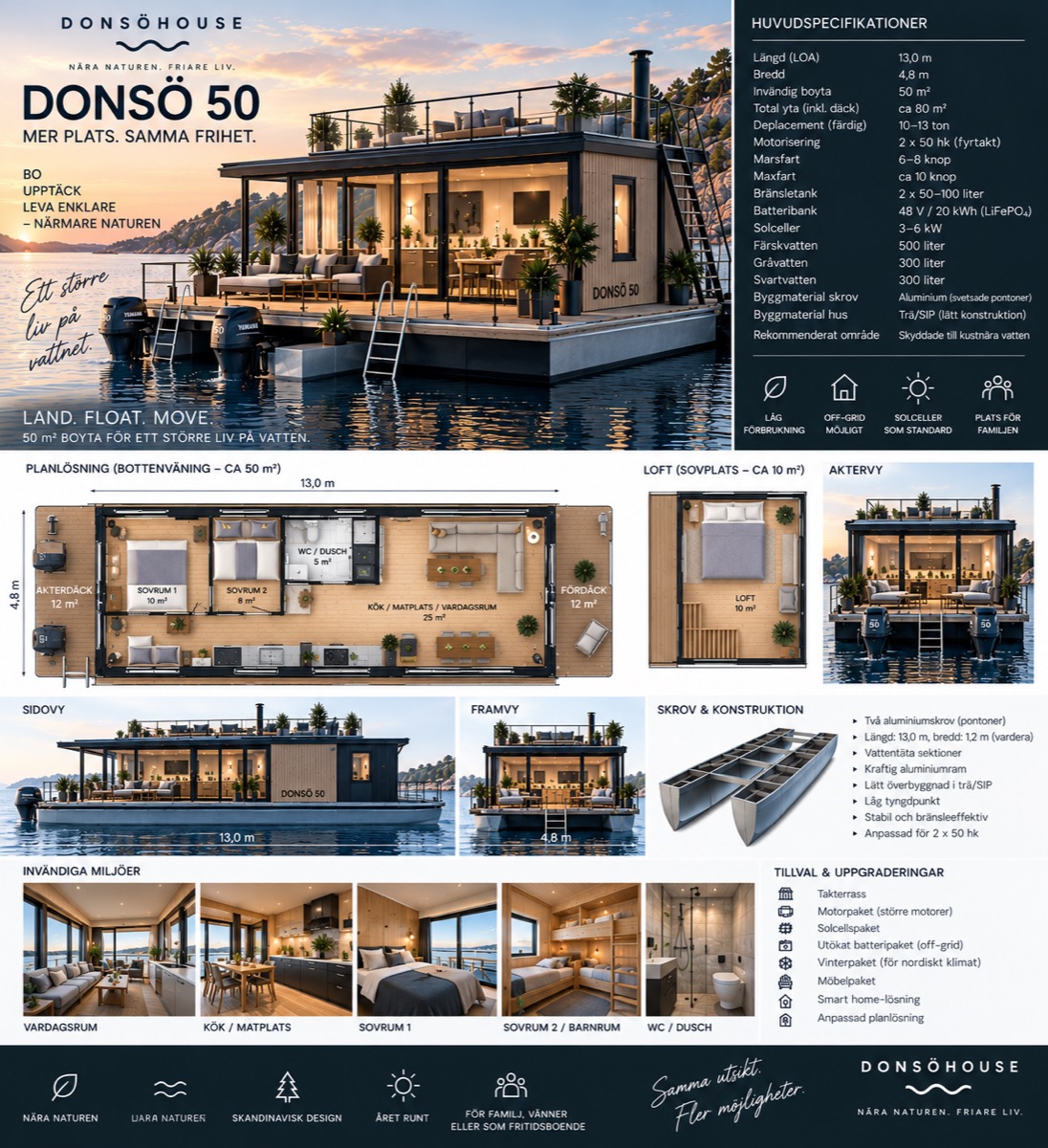 Donsöhouse 50 specifikation: 13,0 × 4,8 m, 50 m² boyta, två sovrum, planlösning, loft, skrov och interiörer